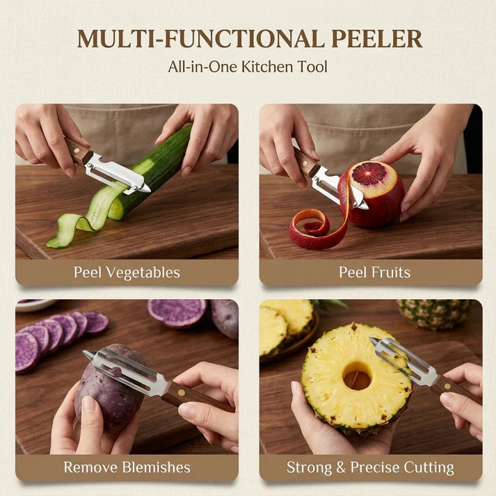 Ultra-Sharp Multi-Functional Peeler with Wooden Handle