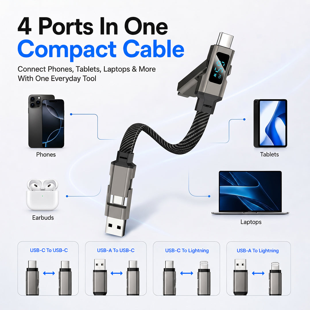 🔌 65W 4-in-1 Digital Display Keychain Charging Cable