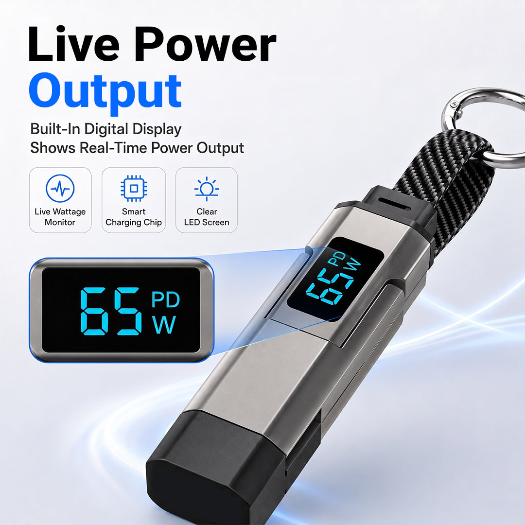 🔌 65W 4-in-1 Digital Display Keychain Charging Cable