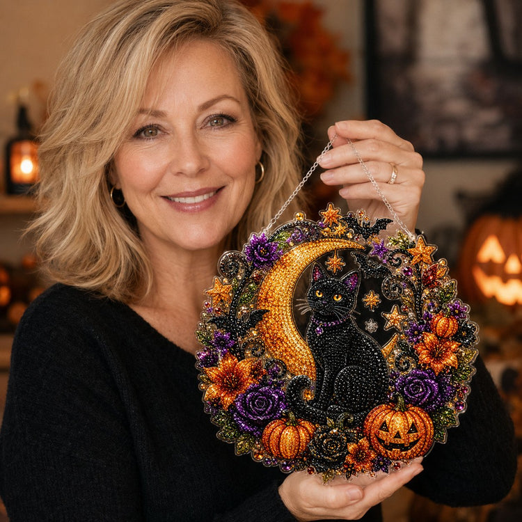 Halloween Black Cat Moon Diamond Art Hanging Ornament Kit