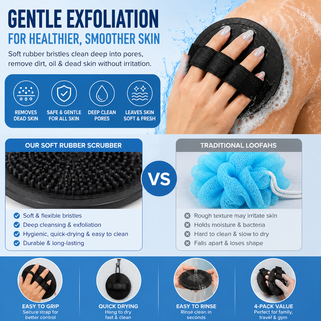 Deep Exfoliating Rubber Body Scrubber (4-Pack)