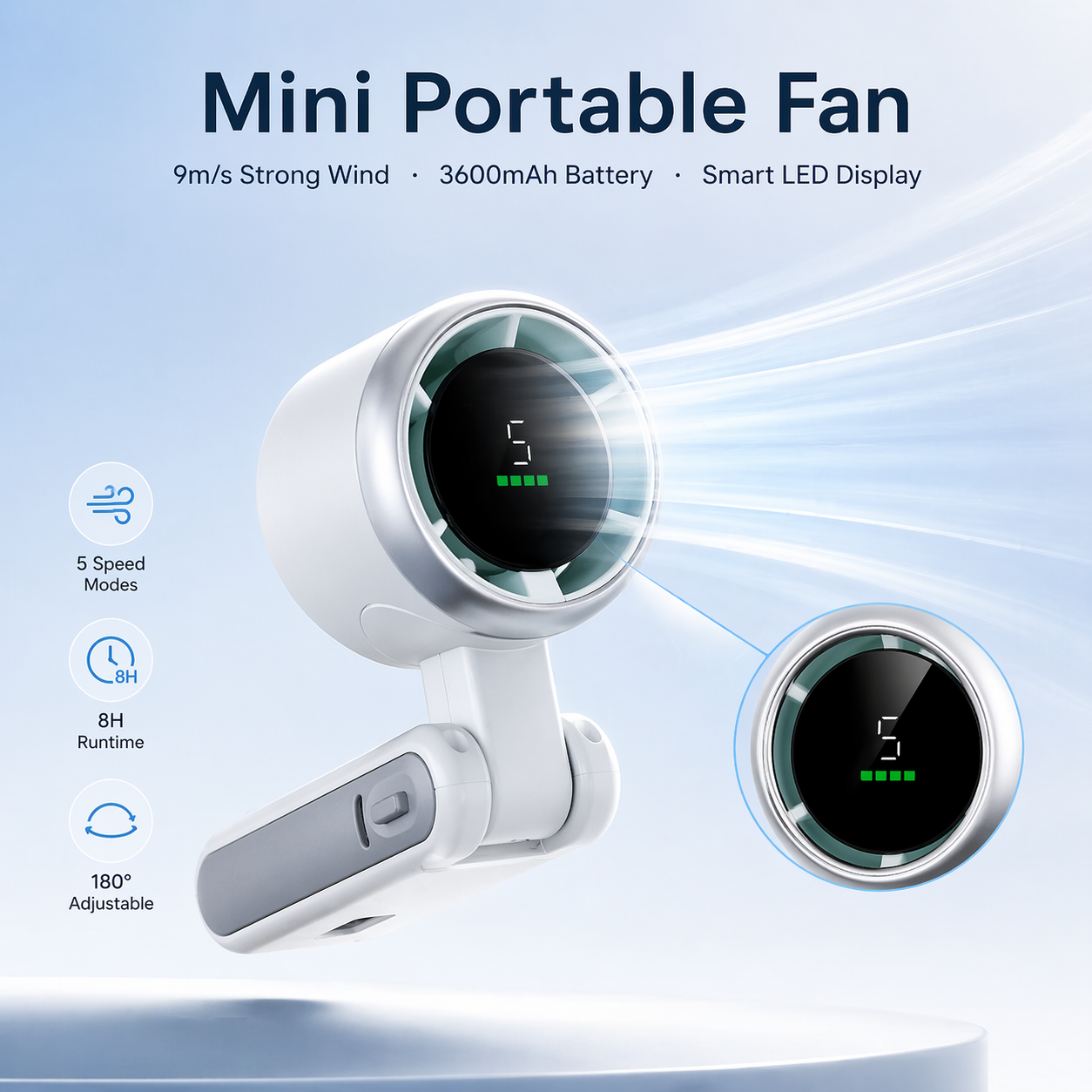 Mini Portable Fan 3600mAh | Rechargeable LED Display Handheld Fan